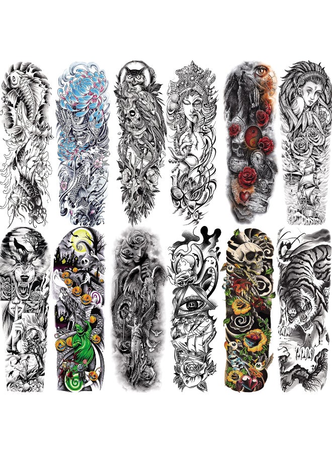 Aresvns Sleeve Tattoo Temporary 12Pcs Christmas Full Arm Fake Tattoos for Adults Large Totem Wolf Military Tempoary Tattoos for BBQ Pool Beach Party - Image 2