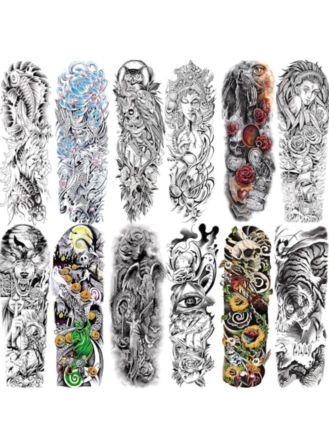 Aresvns Sleeve Tattoo Temporary 12Pcs Christmas Full Arm Fake Tattoos for Adults Large Totem Wolf Military Tempoary Tattoos for BBQ Pool Beach Party - Image 1