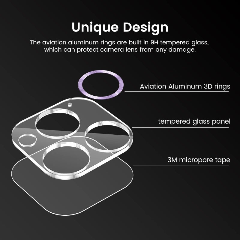 Tensea [3Pcs] for iPhone 14 Pro / 14 Pro Max Camera Screen Protector, Tempered Glass Film Camera Cover Lens Protector Built-in Aluminum Rings, HD Clear, Full Edge to Edge, Case Friendly - Image 3