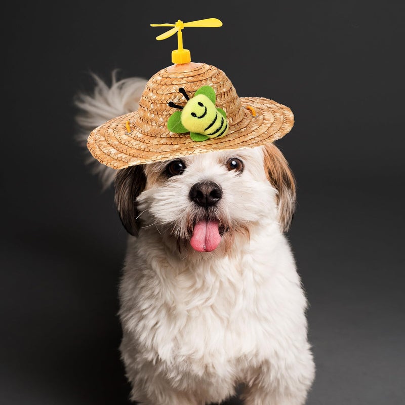 Large Dog Straw Hat With Helicopter Decor Woven Knitted Cap Outdoor Pet Photo Props - Image 5