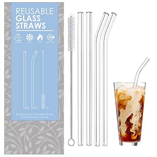 The Tea Trove Glass Straws With Cleaning Brush | 4 Transparent Straws & 1 Cleaner | Clear Reusable, Elegant Alternate to Stainless Steel for Drinking Juice, Smoothie - Image 1