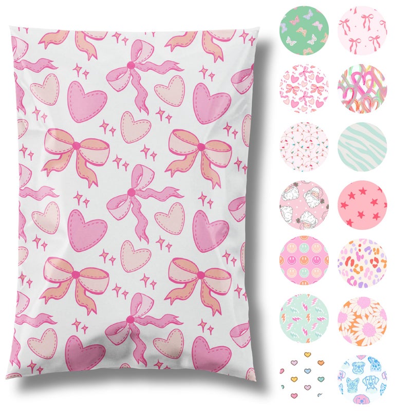 Pretty Package Store 6x9 Designer Poly Mailer 100 Pack Heavy Duty Waterproof Self Seal Shipping Bags for Small Business Large Mailing Envelopes Bulk Tear Resistant Packaging Coquette Bows Hearts - Image 1