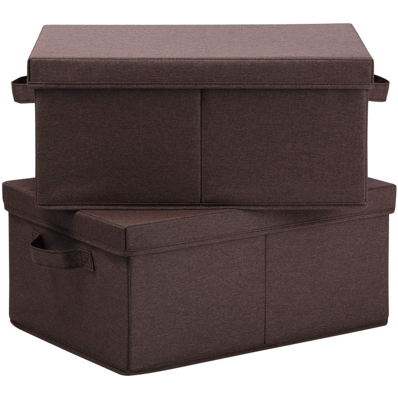 HOONEX Linen Foldable Storage Bins with Lids 2 Pack Storage Boxes with Carrying Handles and Sturdy Heavy Cardboard 165 L x 118 W x 75 H for Shoes Clothes Brown