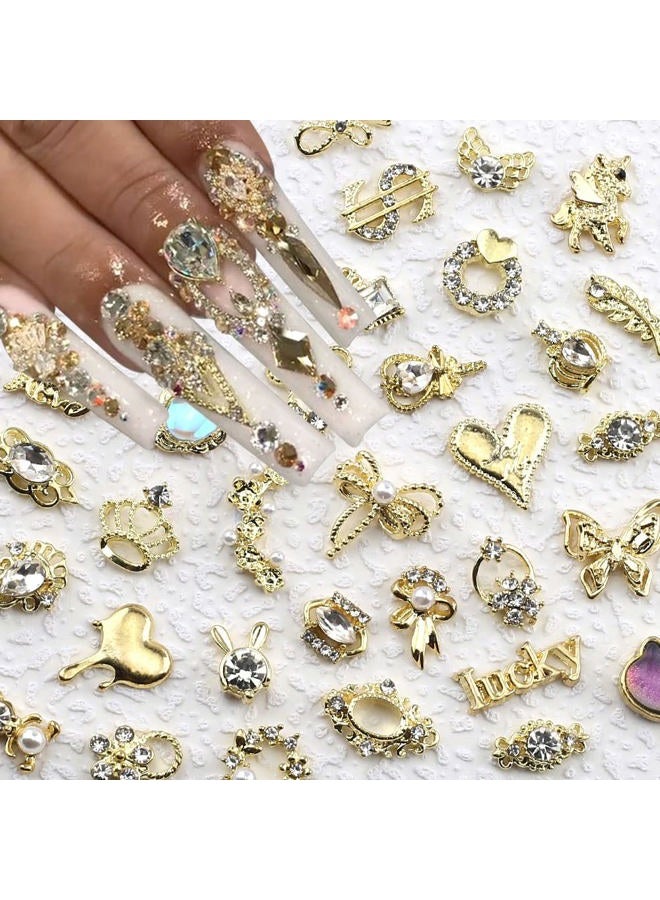 JALIYA 30pcs Random Gold Nail Charms Luxury Zircon Nail Rhinestones 3D Alloy Flower Butterfly Nail Art Charms Metal Snake Rabbit Heart Charms for Nails Mix Styles Nail Gems Nail Jewels for Nail Art Supplies - Image 1