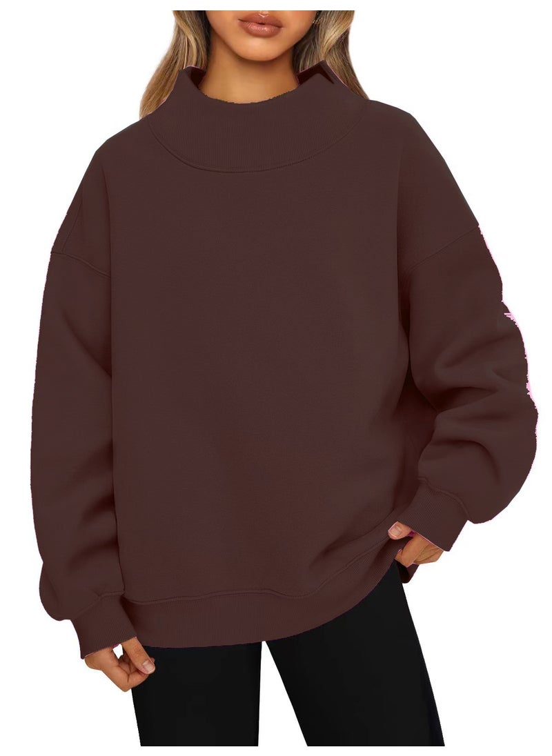 Generic Womens High Neck Fleece Pullover Sweater Reddish brown  - Image 1