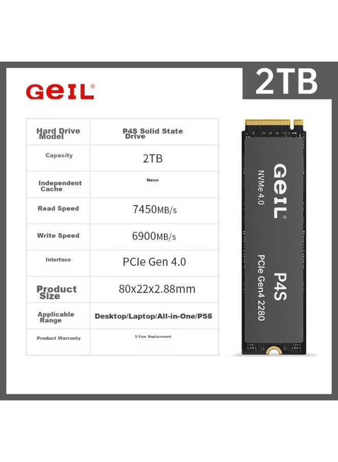 Geil 2tb Ssd, M.2 Interface , Nvme Ssd, High-performance Gaming Version, High-speed 7450mb/s, P4s Series - Image 1