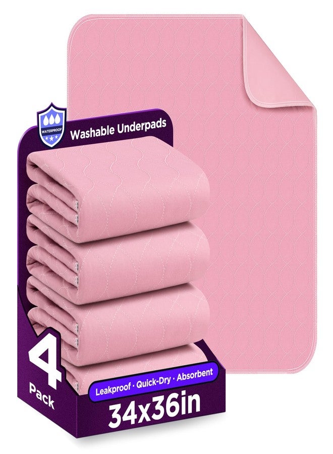 Brosive Washable Bed Pads 34" x 36" - 4 Pack, Pink, Waterproof Bed Pads for Incontinence, Bed Wetting Pads for Bed, Sofa, Floor, Resuable Underpads for Adults, Seniors, Pet - Image 1