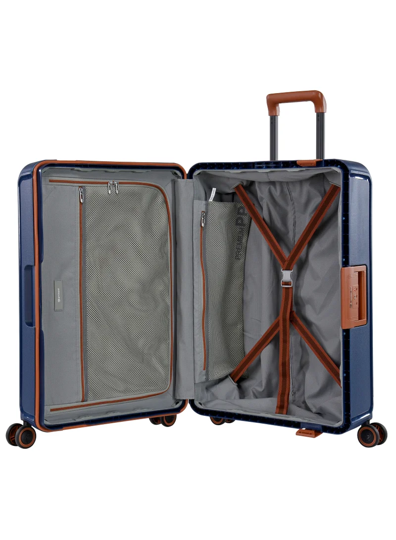 eminent Vertica Hard Case Travel Bag Medium Luggage Trolley Polypropylene Lightweight Suitcase 4 Quiet Double Spinner Wheels With TSA Lock B0006 Dark Blue Brown Trim
