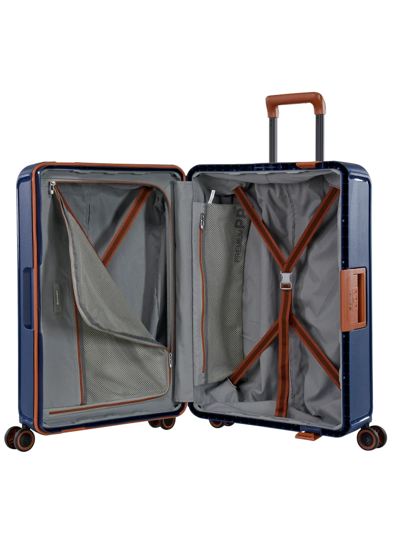 eminent Vertica Hard Case Travel Bag Medium Luggage Trolley Polypropylene Lightweight Suitcase 4 Quiet Double Spinner Wheels With TSA Lock B0006 Dark Blue Brown Trim