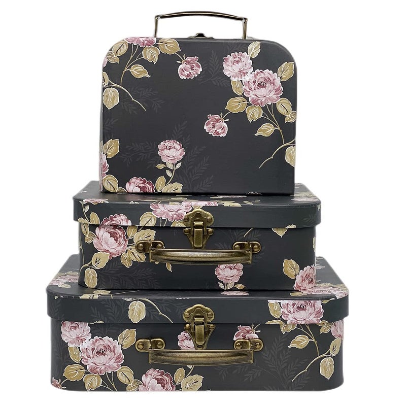 Amedoo Decorative Boxes Set of 3 Decorative Storage Boxes With Lids Cardboard box Vintage Suitcase for Home Decoration Photo Storage Hat Boxes Black Flowers