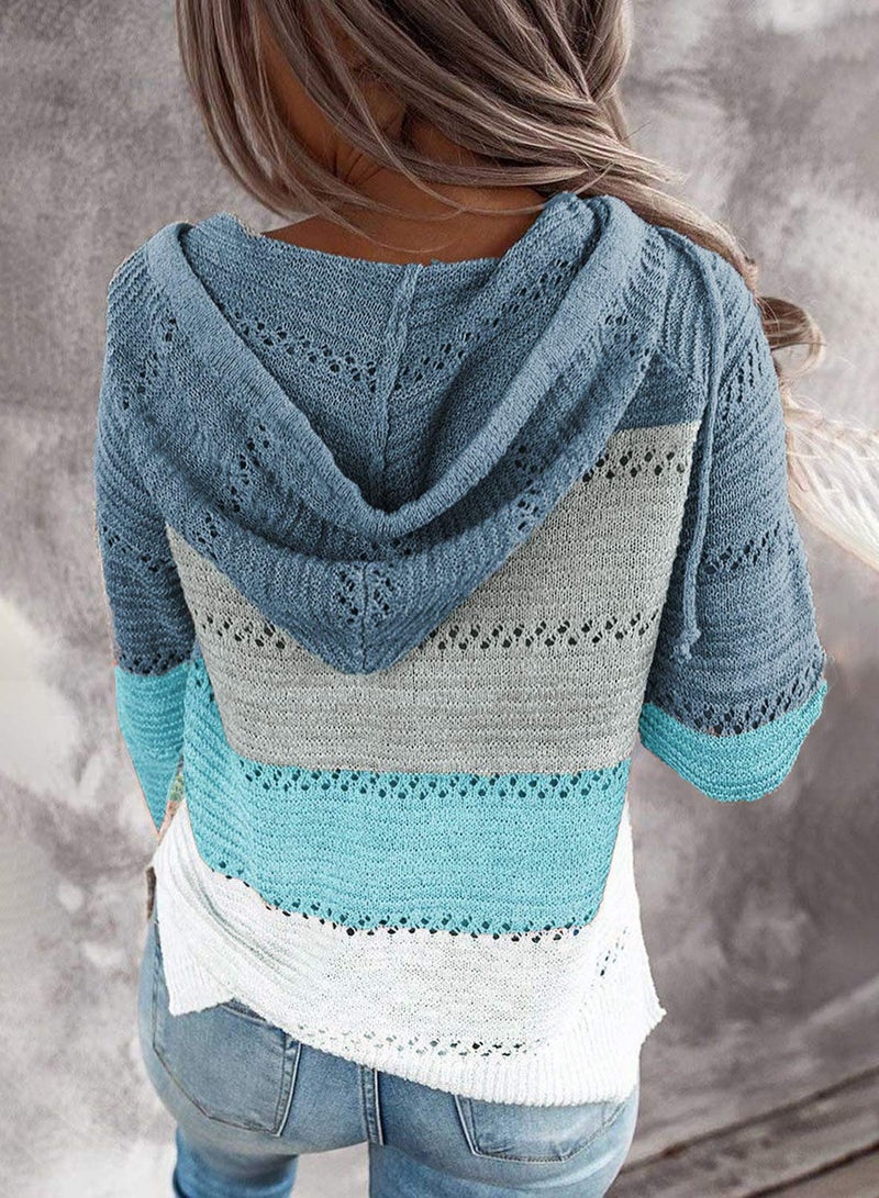 FEKOAFE Sweatshirt Tunics for Women Cute Tops Trendy V Neck Breathable Hooded Pullover Graphic Sweater Blue White Grey M - Image 2