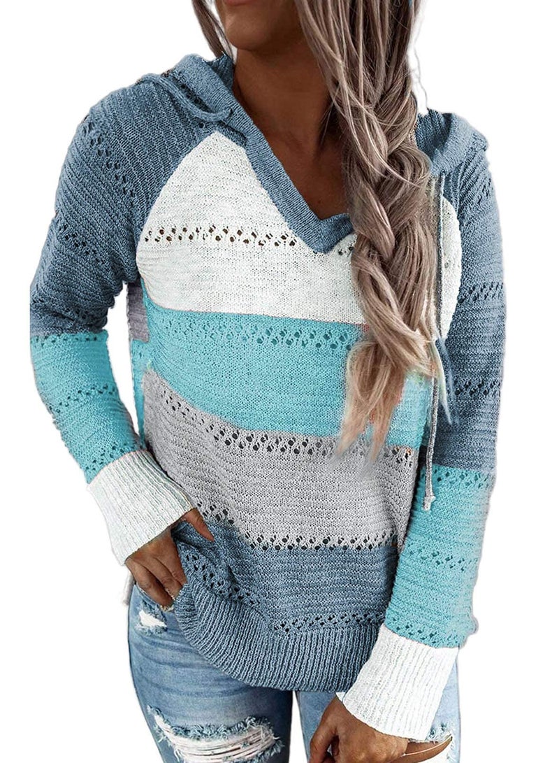FEKOAFE Sweatshirt Tunics for Women Cute Tops Trendy V Neck Breathable Hooded Pullover Graphic Sweater Blue White Grey M - Image 1