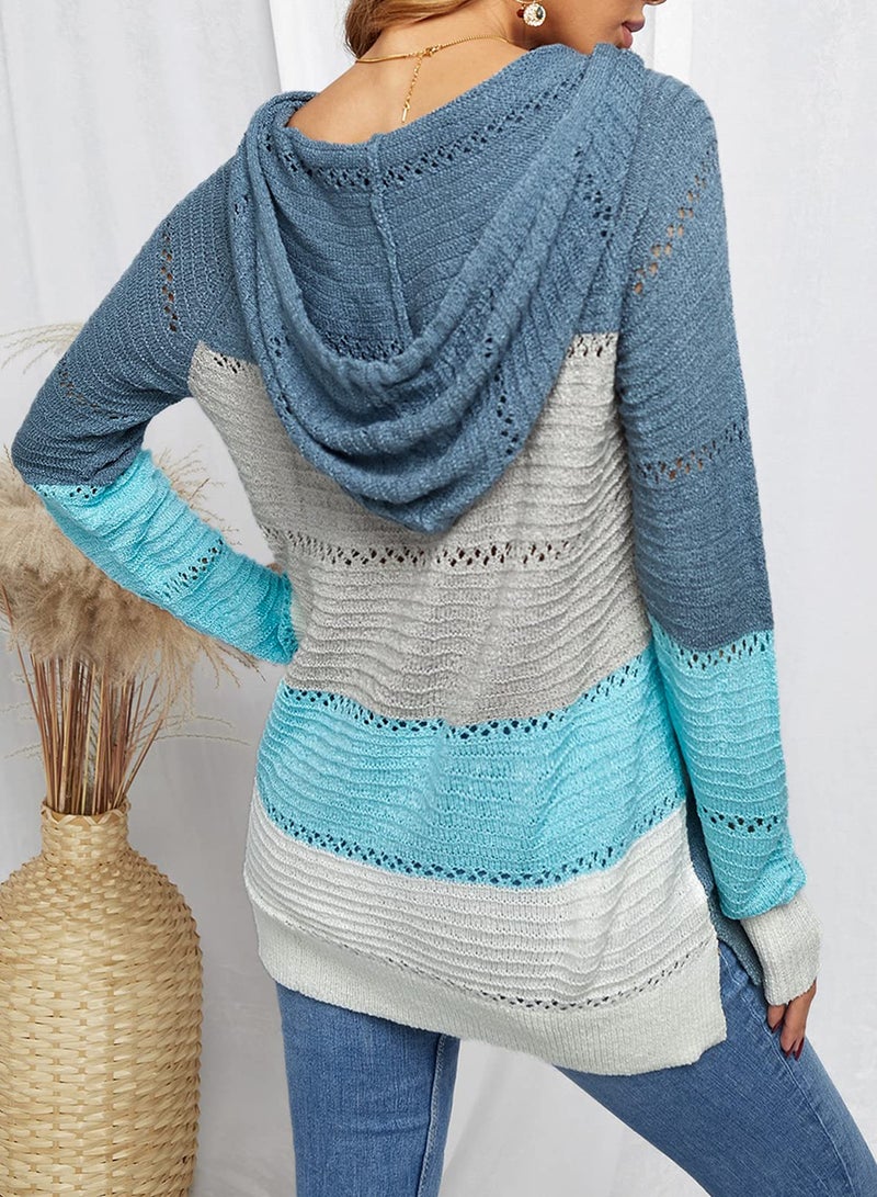 FEKOAFE Sweatshirt Tunics for Women Cute Tops Trendy V Neck Breathable Hooded Pullover Graphic Sweater Blue White Grey M - Image 3