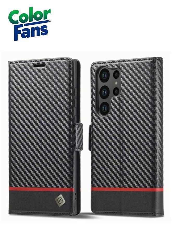 Color Fans Samsung Galaxy S23 Ultra Carbon Fiber Texture Phone Wallet Case PU Leather Shockproof Stand Phone Cover - Horizontal Stripe - Image 1
