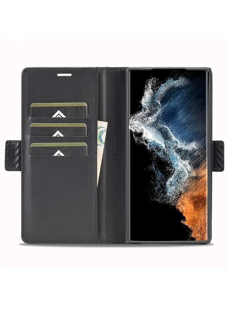 Color Fans Samsung Galaxy S23 Ultra Carbon Fiber Texture Phone Wallet Case PU Leather Shockproof Stand Phone Cover - Horizontal Stripe - Image 3