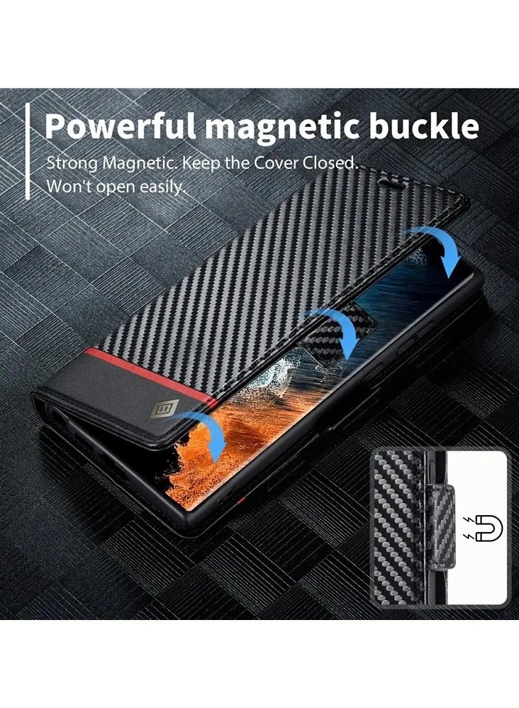 Color Fans Samsung Galaxy S23 Ultra Carbon Fiber Texture Phone Wallet Case PU Leather Shockproof Stand Phone Cover - Horizontal Stripe - Image 5