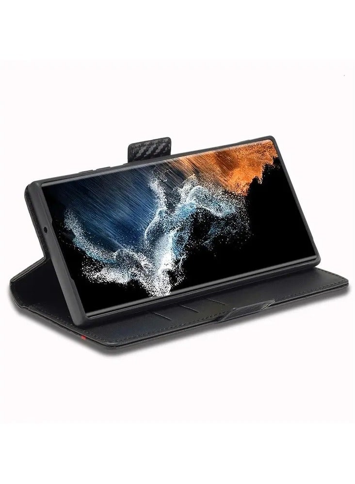 Color Fans Samsung Galaxy S23 Ultra Carbon Fiber Texture Phone Wallet Case PU Leather Shockproof Stand Phone Cover - Horizontal Stripe - Image 4