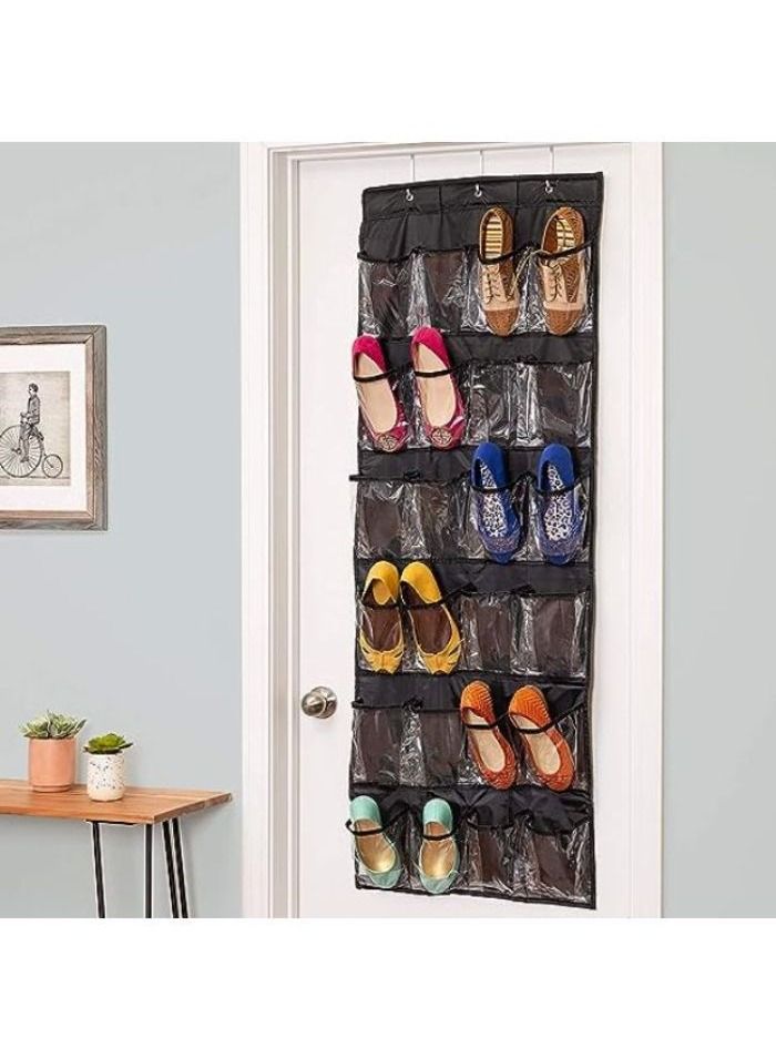 Over the Door Storage Organizer, 24 Mesh Pockets Large Hanging Shoe Rack for Dorm Bedroom Dorm Room with 3 Hooks Over the Door Shoe Storage Rack (Black) - Image 1