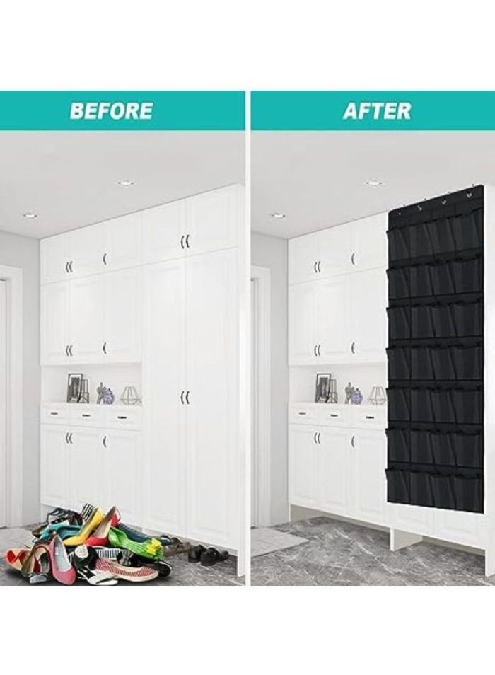 Over the Door Storage Organizer, 24 Mesh Pockets Large Hanging Shoe Rack for Dorm Bedroom Dorm Room with 3 Hooks Over the Door Shoe Storage Rack (Black) - Image 4