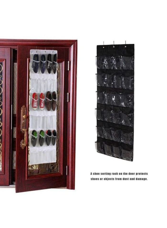 Over the Door Storage Organizer, 24 Mesh Pockets Large Hanging Shoe Rack for Dorm Bedroom Dorm Room with 3 Hooks Over the Door Shoe Storage Rack (Black) - Image 3