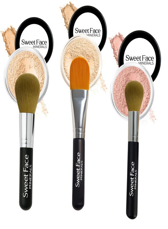 Sweet Face Minerals TRIO WITH BRUSHES (FAIR 1) Full Size Kit Mineral Makeup Brush Set Foundation Concealer Blush Bare Face Sheer Powder Cover - Image 1