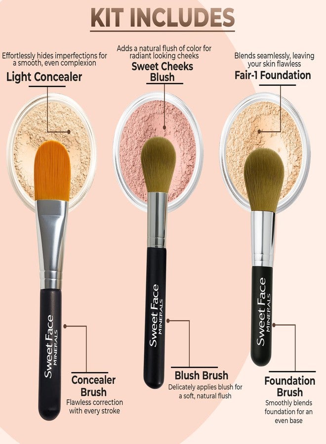 Sweet Face Minerals TRIO WITH BRUSHES (FAIR 1) Full Size Kit Mineral Makeup Brush Set Foundation Concealer Blush Bare Face Sheer Powder Cover - Image 2