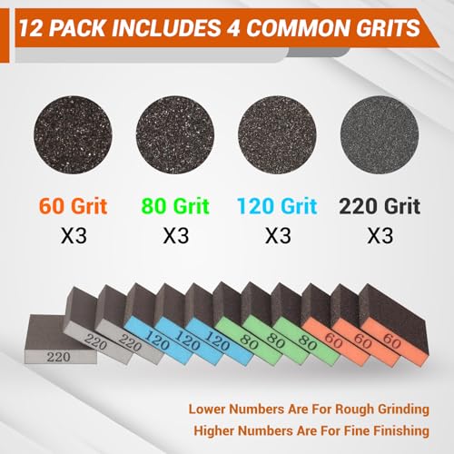 INBOF 12 Pack Sanding Block, 60/80/120/220 Grit Sanding Sponge, Washable and Reusable Sandpaper Block, Sandpaper for Wood and Drywall, Sand Paper for Wood Furniture and Wall Repair - Image 2