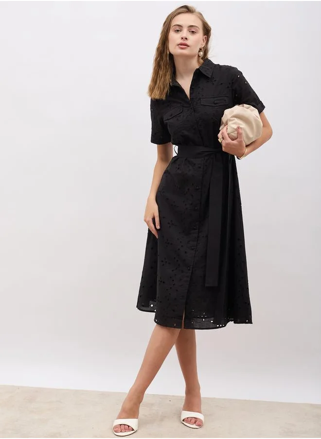 Styli Schiffli Short Sleeve Shirt Midi Dress with Belt Detail