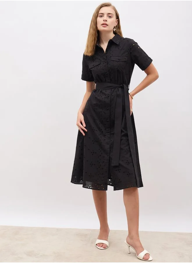 Styli Schiffli Short Sleeve Shirt Midi Dress with Belt Detail
