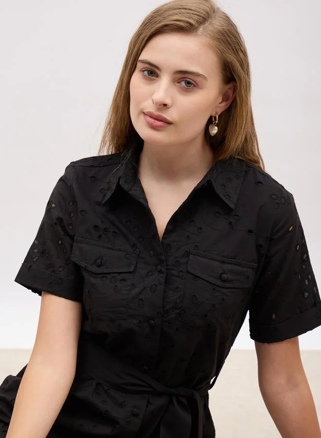 Styli Styli Schiffli Short Sleeve Shirt Midi Dress with Belt Detail