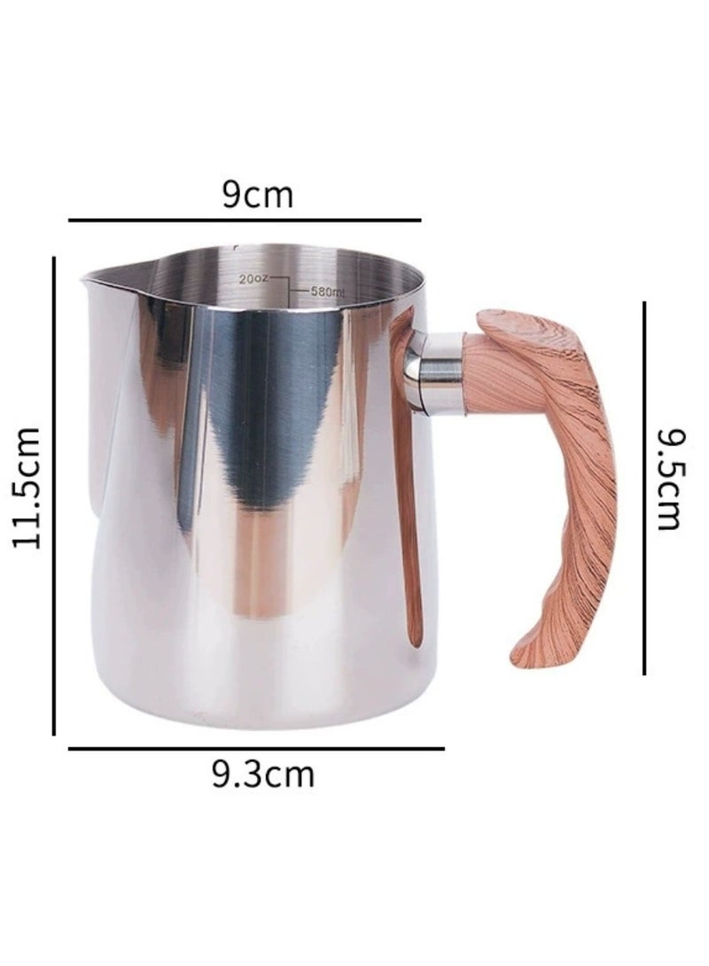 Stainless steel coffee latte pitcher with marked patterns for special coffee cups