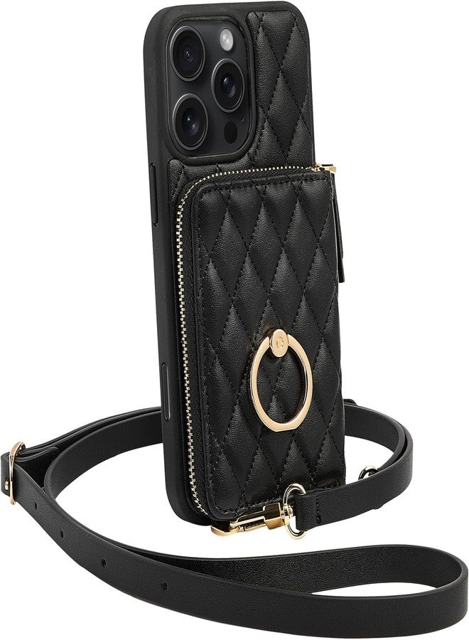 ZVE for iPhone 16 Pro Max Wallet Case for Women, Crossbody Case with Wrist Strap Protective Leather Lanyard with Ring Holder Flip Cover 6.9 Inch - Black - Image 1