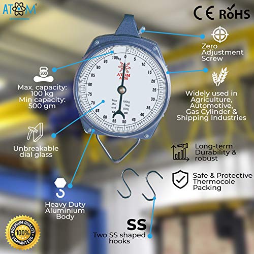 ATOM A350 Analog Metal Hanging Hook Luggage Portable Scale For Industrial Factory Use Capacity 100Kg - Image 2
