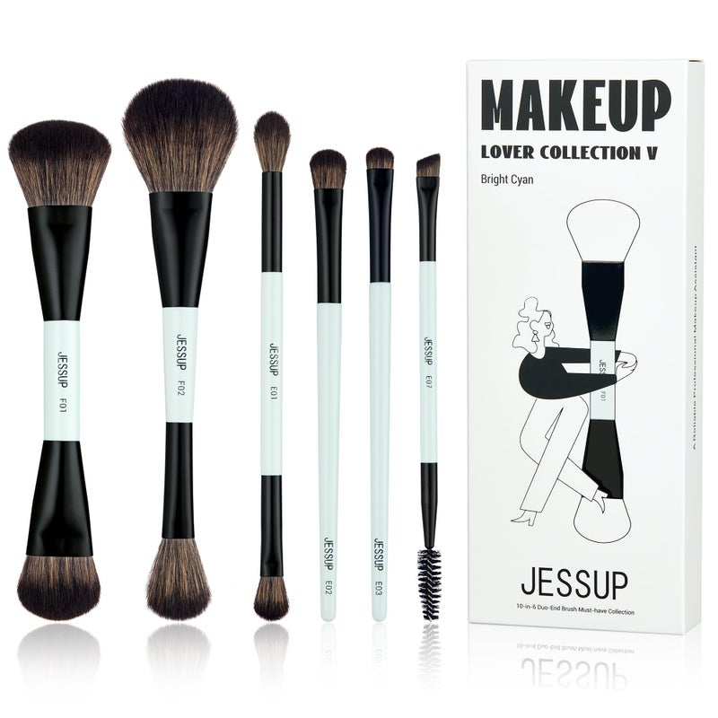 Jessup Makeup Brush Set 6pcs Double Sided Makeup Brushes Foundation Contour Blush Highlight Blending Eyebrow Brush Eyeshadow Brush, Vegan Fiber Make up Brush Bright Cyan T501 - Image 1