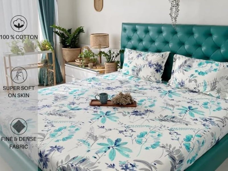 COSYHUGS Floral Print Double Bed Queen Size Bedsheet (Green)| Set of 1 (3 Piece) | Two Pillow Covers | 144 TC | 100% Cotton | 90x100 Inches| Soft Cozy Breathable | All Season | Easy Care | Lightweight - Image 5