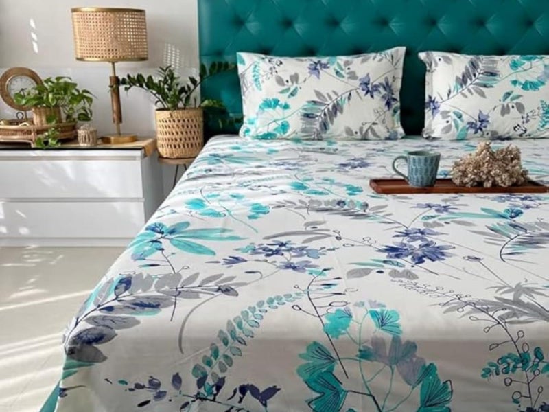 COSYHUGS Floral Print Double Bed Queen Size Bedsheet (Green)| Set of 1 (3 Piece) | Two Pillow Covers | 144 TC | 100% Cotton | 90x100 Inches| Soft Cozy Breathable | All Season | Easy Care | Lightweight - Image 1