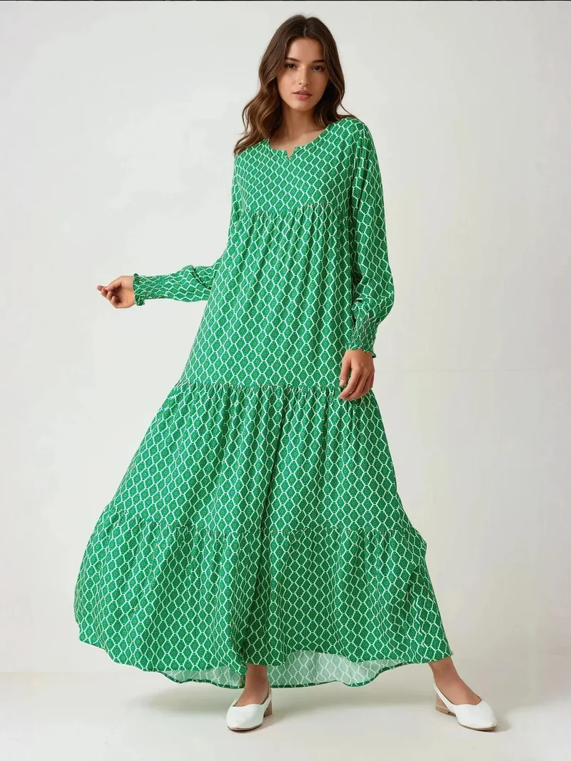 زوبعة فستان ماكسي بياقة دائرية مطبوع من الفيسكوز