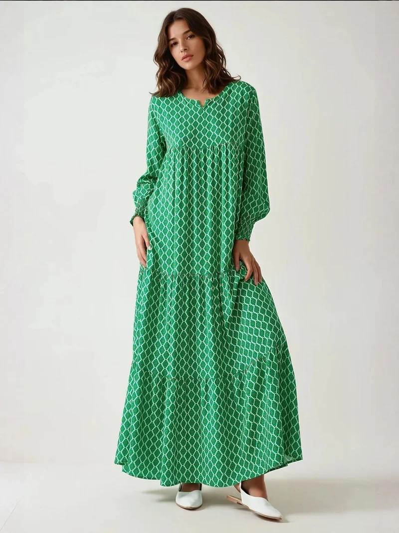 زوبعة فستان ماكسي بياقة دائرية مطبوع من الفيسكوز