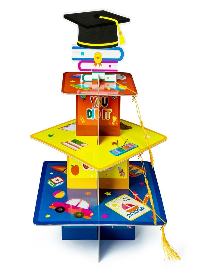 Haooryx Kindergarten Graduation Cupcake Stand - 3-Tier Preschool Graduation Cupcake Tower Decorations Cardboard Round Candy Dount Dessert Holder for Kindergarten Graduation Party Table Decor Supplies - Image 1