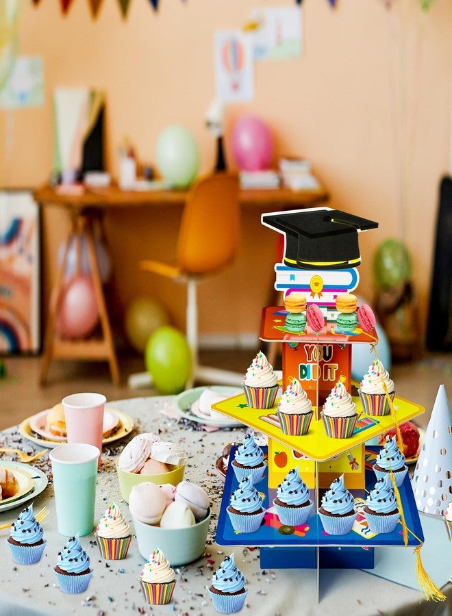 Haooryx Kindergarten Graduation Cupcake Stand - 3-Tier Preschool Graduation Cupcake Tower Decorations Cardboard Round Candy Dount Dessert Holder for Kindergarten Graduation Party Table Decor Supplies - Image 4