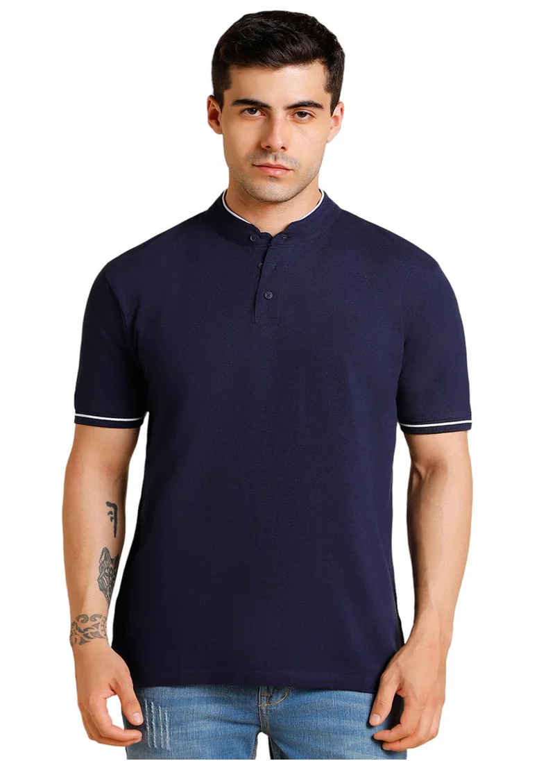 Dennis Lingo Navy Solid Regular Fit Henley Neck T-shirt for Men - 100% Cotton, Half Sleeves, Casual