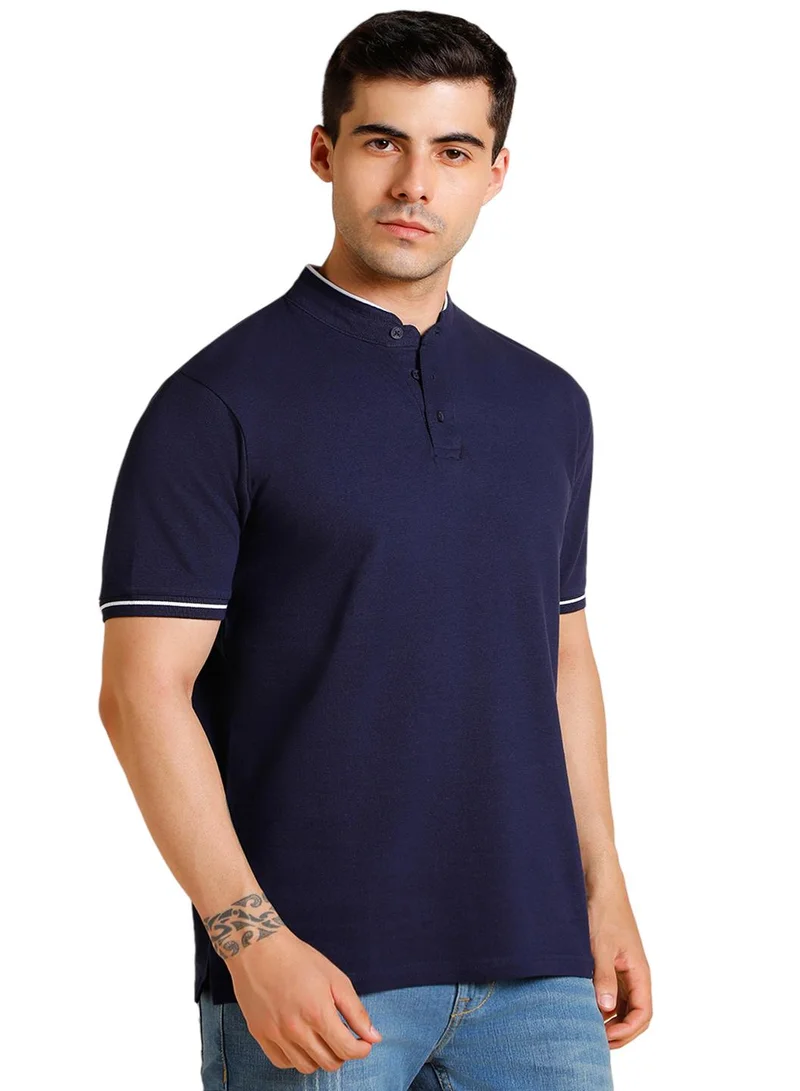 Dennis Lingo Navy Solid Regular Fit Henley Neck T-shirt for Men - 100% Cotton, Half Sleeves, Casual