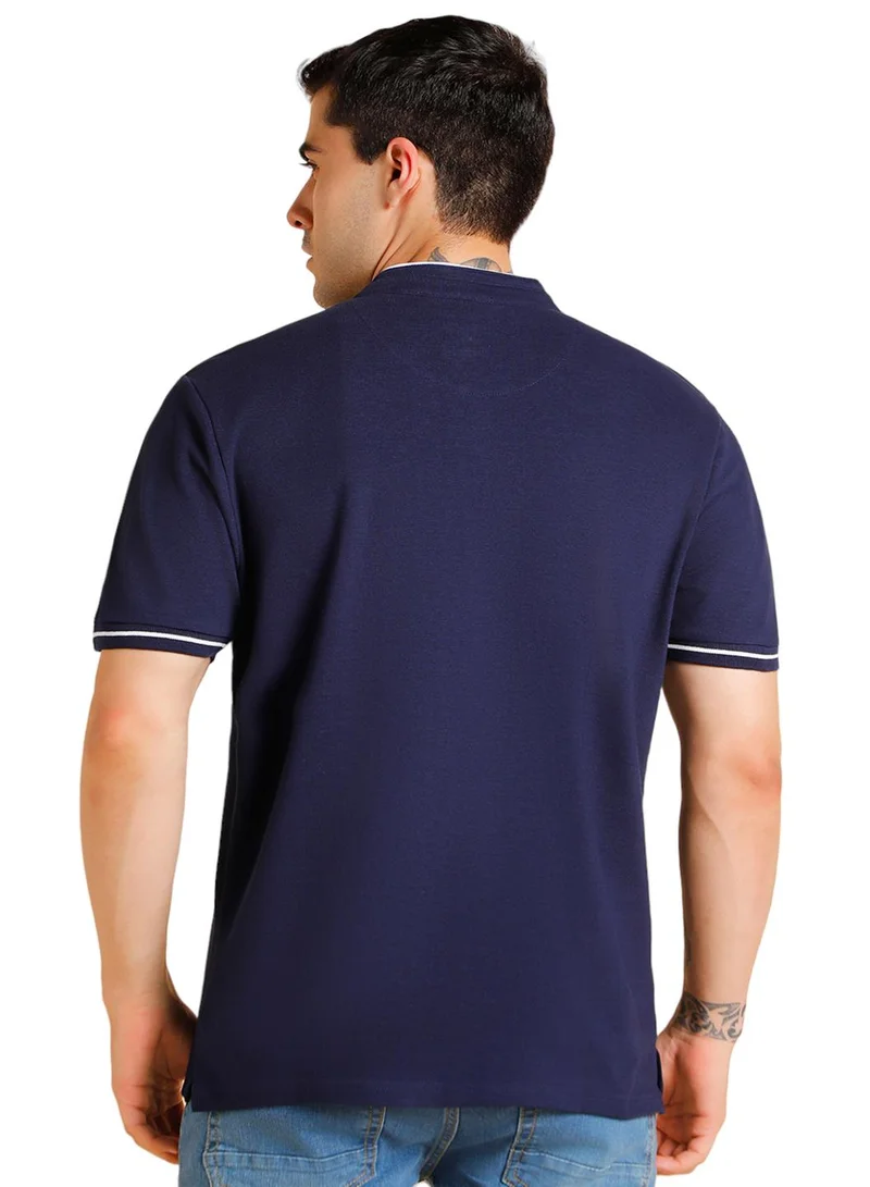 Dennis Lingo Navy Solid Regular Fit Henley Neck T-shirt for Men - 100% Cotton, Half Sleeves, Casual