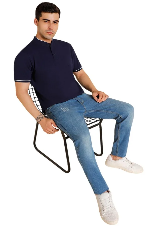 دينيس لينغو Navy Solid Regular Fit Henley Neck T-shirt for Men - 100% Cotton, Half Sleeves, Casual