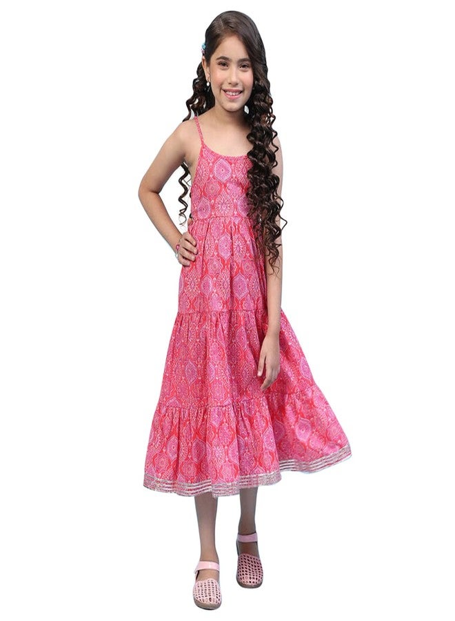 BIBA Girls Cotton Regular Fit Tiered Printed Kurta (KW5069EAW22RED_Red, 8-9 Years - Image 1