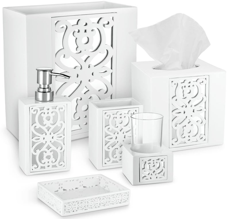 Creative Scents Creative Scents Mirror Janette White Bathroom Accessories Set Complete  6 Piece Bathroom Set Includes Soap Dispenser Toothbrush Holder Tumbler Cup Soap Dish Tissue Cover and Wastebasket 