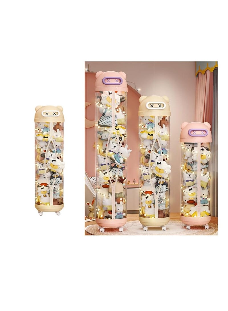 Cylinder Toy Storage Box,Portable Plush Toy Storage Organizer with Decoration Light,Lidded Toy Chest with Wheels for Kids Nursery,Bedroom,Playroom,Stuffed Animal Dolls Storage Tube Display Rack (115cm)  - Image 1