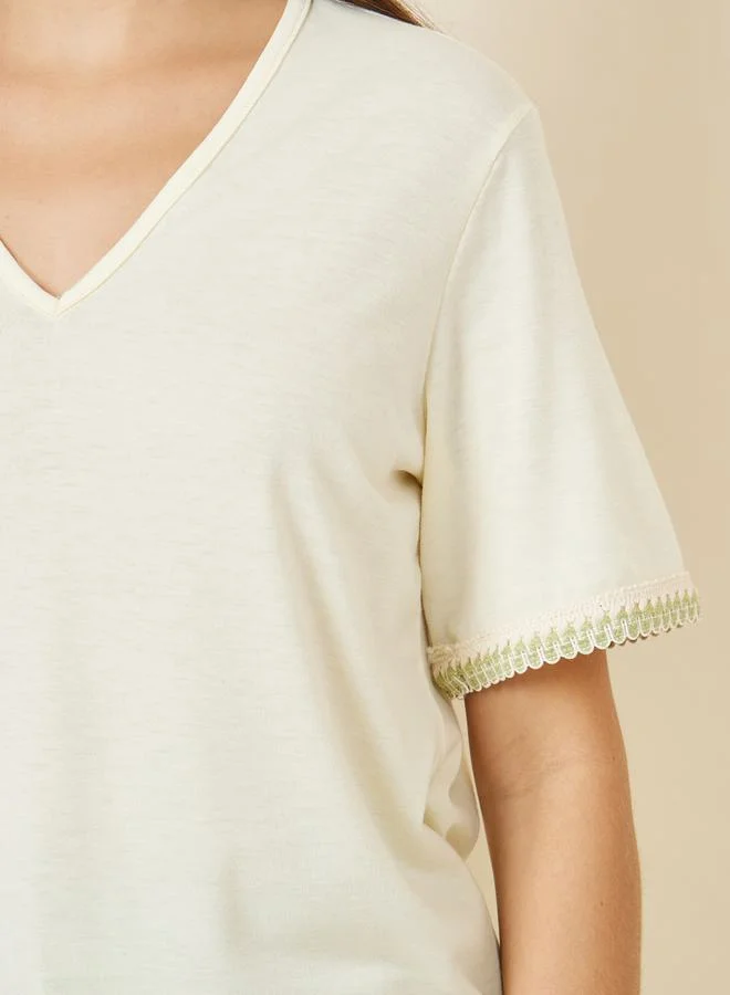 Styli Regular Fit V Neck T-Shirt with Embroidered Hem Sleeves