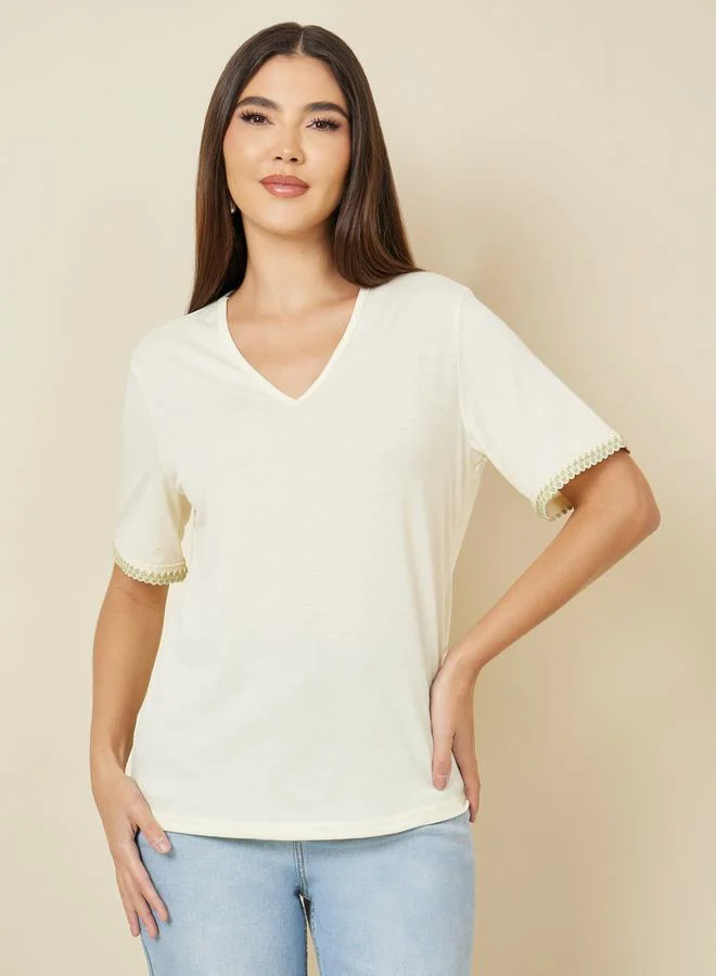 Styli Regular Fit V Neck T-Shirt with Embroidered Hem Sleeves