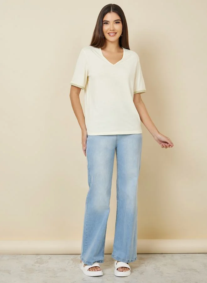 Styli Regular Fit V Neck T-Shirt with Embroidered Hem Sleeves